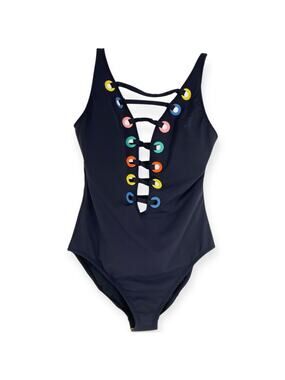 Bleu Rod Beattie Mio Black Rainbow Lattice Criss Cross Plunge Cut Out Swimsuit 6